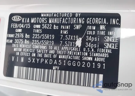 2016 Kia Sorento 3.3L Sxl z USA, uszkodzony, nr VIN 5XYPKDA51GG020191